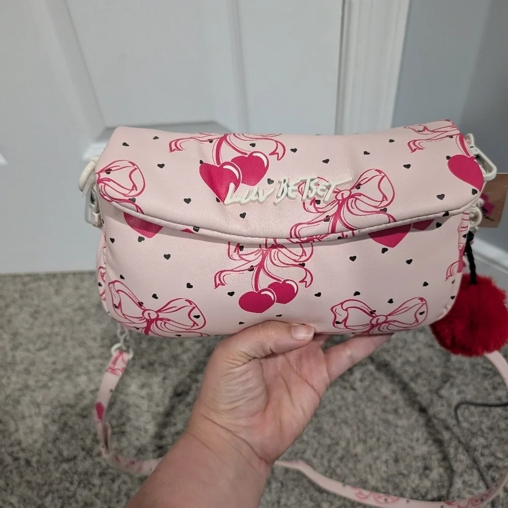 NWT Luv Betsey Pink Bow Cherries Black Hearts Crossbody Purse W/ Cherry Pompoms